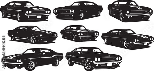 Black Solid Classic Muscle Car Silhouettes Set of Six on White Background