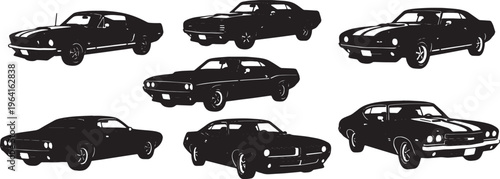 Black Solid Classic Muscle Car Silhouettes Set of Six on White Background