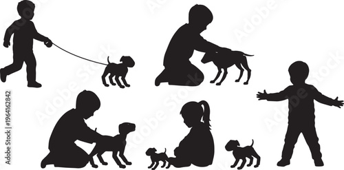 Black Solid Child Playing With Robotic Pet Silhouettes Set of Six on White Background
