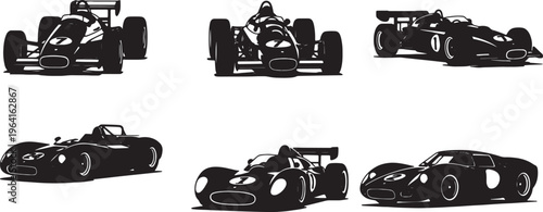 Black Solid Classic Race Car Silhouettes Set of Six on White Background