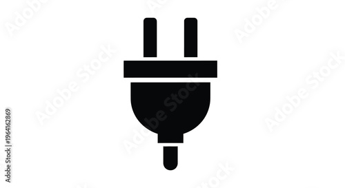 A simple black silhouette depicts a standard electrical plug showcasing two prongs and grounding high quality professional detailed modern elegant stylish