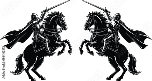 Silhouettes of medieval knights in full armor riding rearing horses and brandishing swords representing chivalry heraldry historical warfare fantasy combat and noble warrior bravery