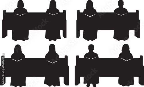 Black Solid Choir Pew Songbook Sitting Silhouettes Set of Six on White Background