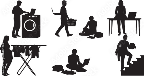 Black Solid Casual Telecommuter Laundry Carrying Laptop Silhouettes Set of Six on White Background