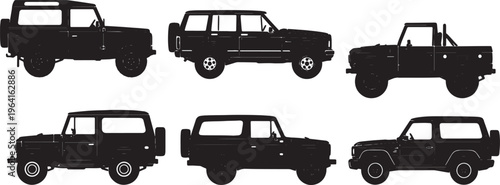 Black Solid Classic Sport Utility Vehicle Silhouettes Set of Six on White Background