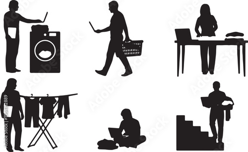Black Solid Casual Telecommuter Laundry Carrying Laptop Silhouettes Set of Six on White Background