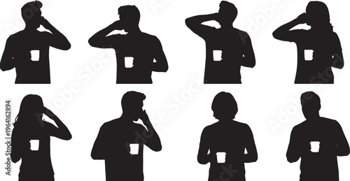 Black Solid Casual Telecommuter Yawning Coffee Mug Silhouettes Set of Six on White Background