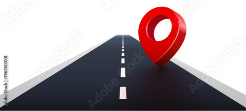 Vibrant red 3D map pin on a perspective road, symbolizing navigation, journey, or a specific destination.