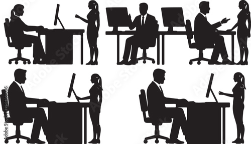 Black Solid Office Worker And Robot Collaboration Silhouettes Set of Six on White Background