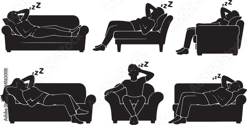 Black Solid Couch Mouth Open Sleeping Silhouettes Set of Six on White Background
