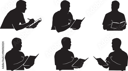 Black Solid Coach Taking Notes Silhouettes Set of Six on White Background