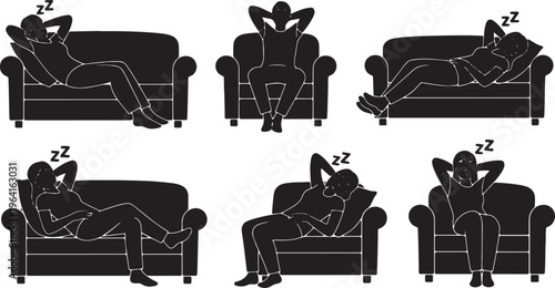 Black Solid Couch Mouth Open Sleeping Silhouettes Set of Six on White Background