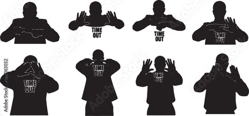 Black Solid Coach Time Out Signal Silhouettes Set of Six on White Background