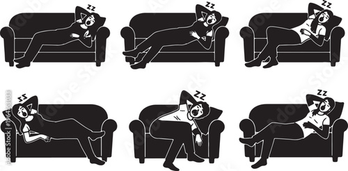 Black Solid Couch Mouth Open Sleeping Silhouettes Set of Six on White Background