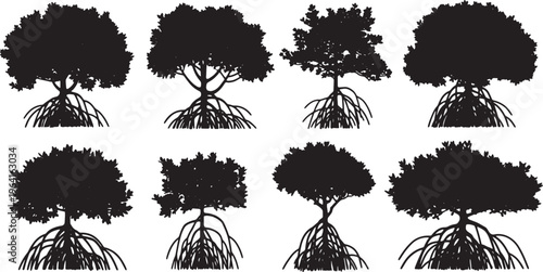 Black Solid Coastal Mangrove Tree Silhouettes Set of Six on White Background