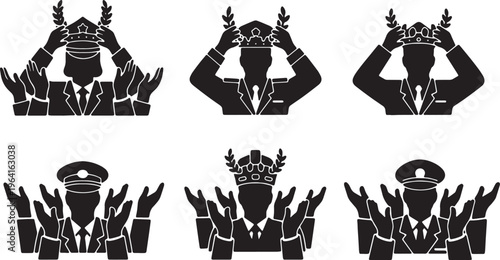 Black Solid Chief Officer Crown Laurels Silhouettes Set of Six on White Background