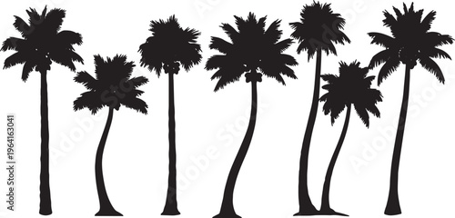 Black Solid Curved Coconut Tree Silhouettes Set of Six on White Background