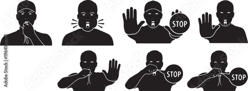 Black Solid Coach Whistle Stop Signal Silhouettes Set of Six on White Background