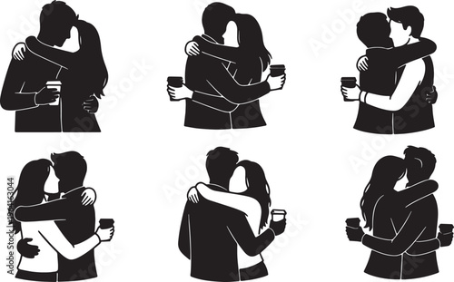 Black Solid Coffee Cup Cafe Hugs Set of Six on White Background
