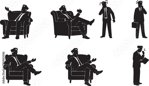 Black Solid Chief Officer Plush Chair Silhouettes Set of Six on White Background