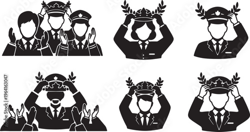 Black Solid Chief Officer Crown Laurels Silhouettes Set of Six on White Background
