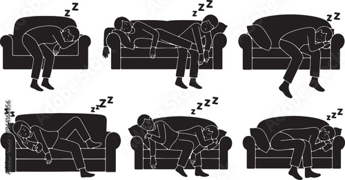 Black Solid Couch Slumber Sleeping Silhouettes Set of Six on White Background