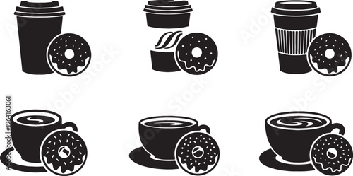 Black Solid Coffee Cup and Donuts Silhouettes Set of Six on White Background