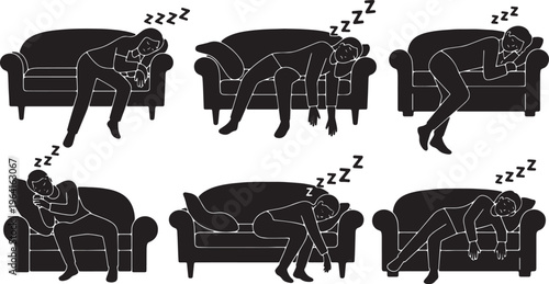 Black Solid Couch Slumber Sleeping Silhouettes Set of Six on White Background