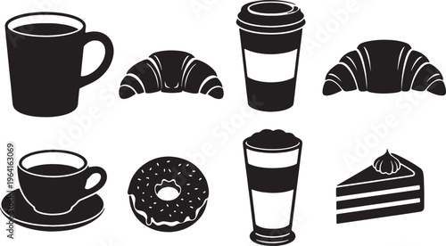 Black Solid Coffee Cup and Pastries Silhouettes Set of Six on White Background