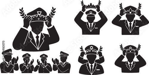 Black Solid Chief Officer Crown Laurels Silhouettes Set of Six on White Background