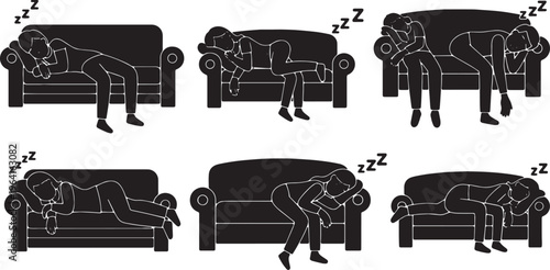 Black Solid Couch Slumber Sleeping Silhouettes Set of Six on White Background