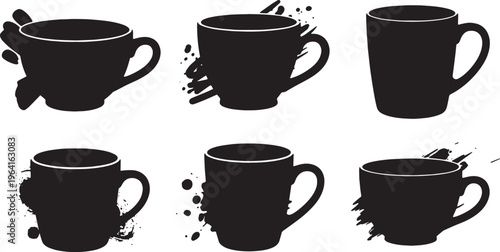 Black Solid Coffee Cup Artist Studio Silhouettes Set of Six on White Background