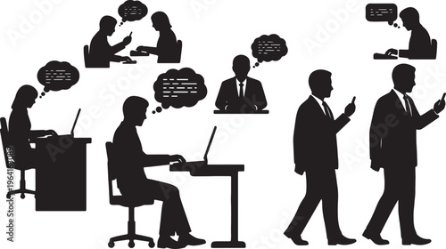 Black Solid Community Manager Replying User Forum Silhouettes Set of Six on White Background