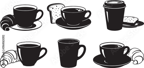 Black Solid Coffee Cup Breakfast Setting Silhouettes Set of Six on White Background