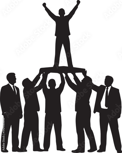 Black Solid Company Founder Lifting Employee Silhouettes Set of Six on White Background