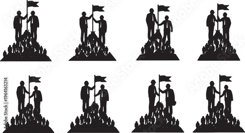 Black Solid Company Founder Planting Flag Silhouettes Set of Six on White Background