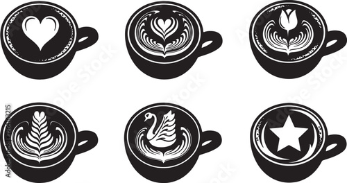 Black Solid Coffee Cup Latte Art Foam Silhouettes Set of Six on White Background