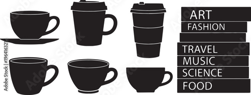 Black Solid Coffee Cup with Stack of Magazines Silhouettes Set of Six on White Background