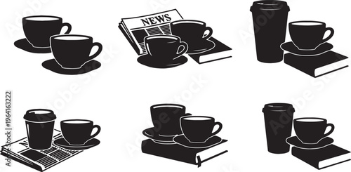 Black Solid Coffee Cup with Newspaper and Book Silhouettes Set of Six on White Background