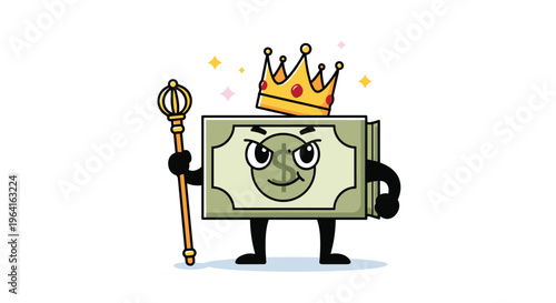 Personified stack of green dollar bills character wearing a gold crown and holding a scepter to represent wealth, financial success, and power.