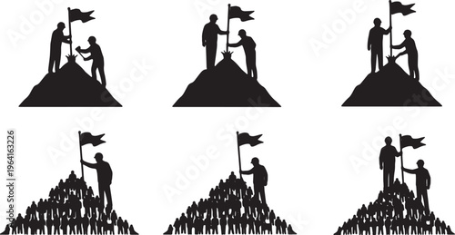 Black Solid Company Founder Planting Flag Silhouettes Set of Six on White Background