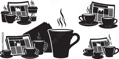 Black Solid Coffee Cup with Morning Newspaper Silhouettes Set of Six on White Background