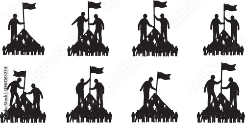 Black Solid Company Founder Planting Flag Silhouettes Set of Six on White Background