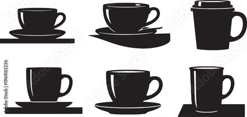 Black Solid Coffee Cup on Surfaces Silhouettes Set of Six on White Background