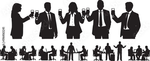 Black Solid Company Partner Clinking Glasses Silhouettes Set of Six on White Background