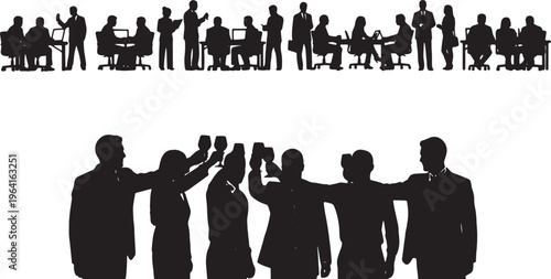 Black Solid Company Partner Clinking Glasses Silhouettes Set of Six on White Background