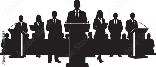 Black Solid Company Spokesperson Speaking Podium Silhouettes Set of Six on White Background