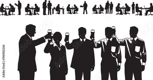 Black Solid Company Partner Clinking Glasses Silhouettes Set of Six on White Background