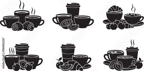 Black Solid Coffee Cup with Pastries and Fruits Silhouettes Set of Six on White Background