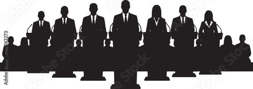 Black Solid Company Spokesperson Speaking Podium Silhouettes Set of Six on White Background